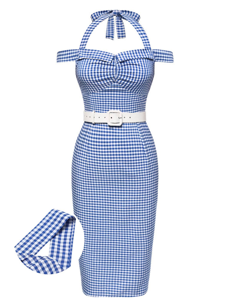 [Pre-Sale] Blue 1960s Halter Off-Shoulder Plaid Pencil Dress