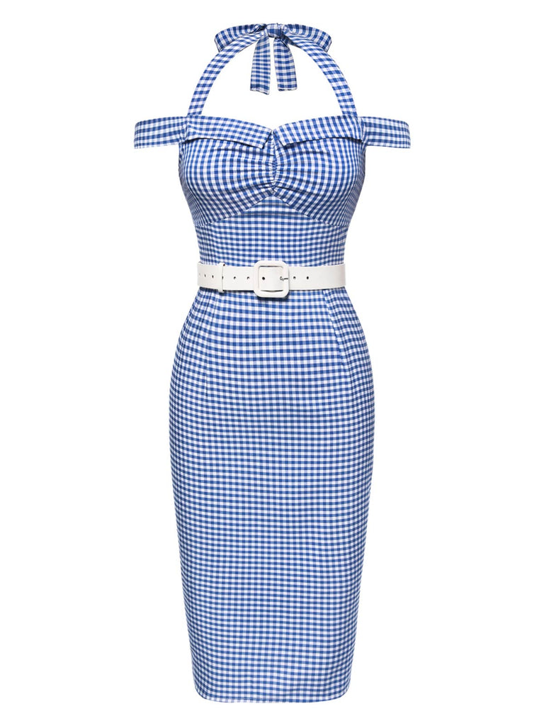 [Pre-Sale] Blue 1960s Halter Off-Shoulder Plaid Pencil Dress