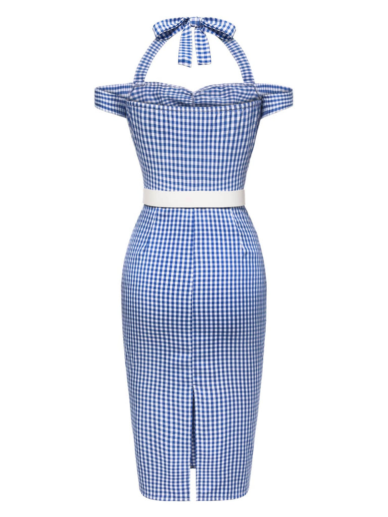 [Pre-Sale] Blue 1960s Halter Off-Shoulder Plaid Pencil Dress