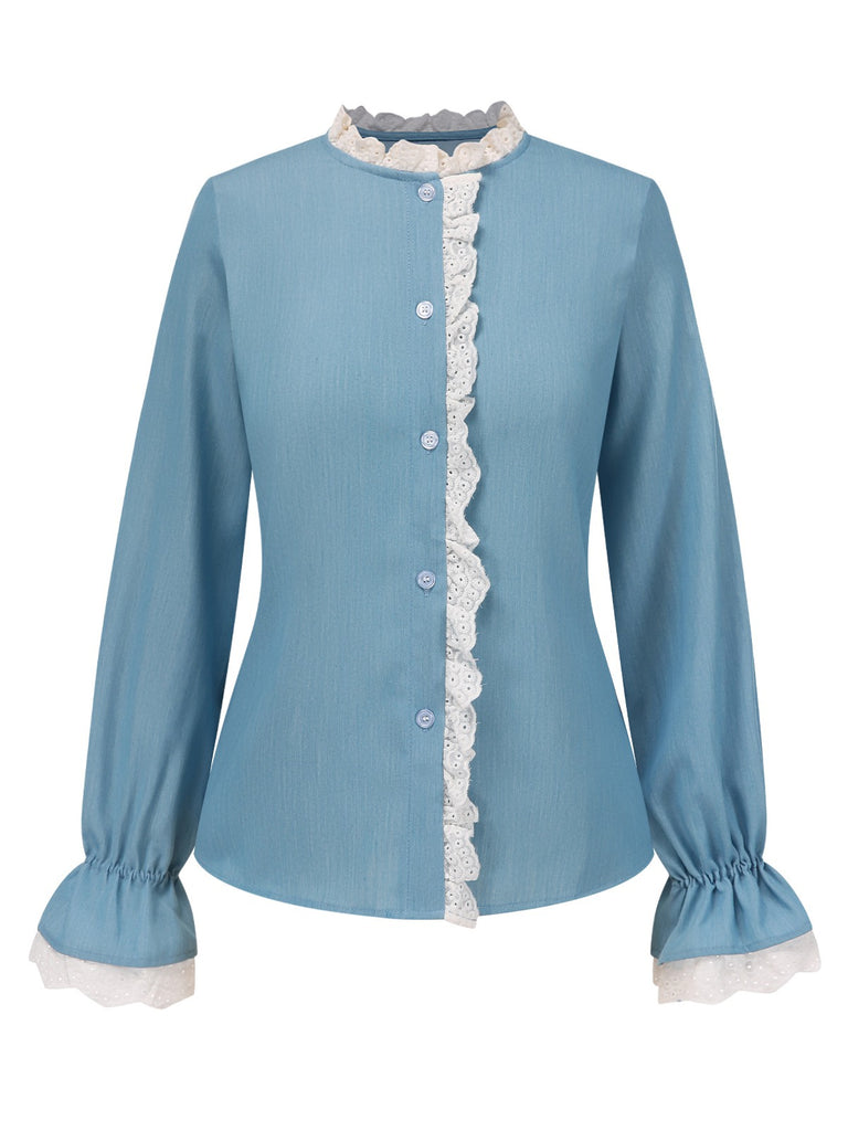 Blue 1950s Lace Trim Buttoned Blouse