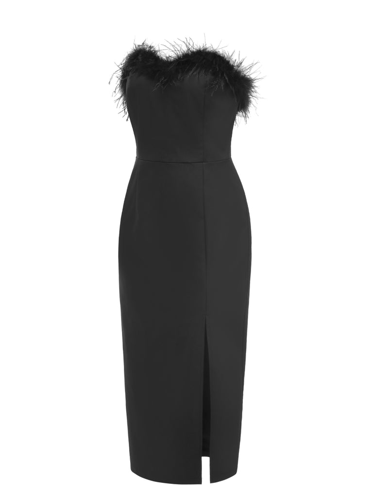 [Pre-Sale] Black 1960s Solid Feather Trim Bandeau Dress