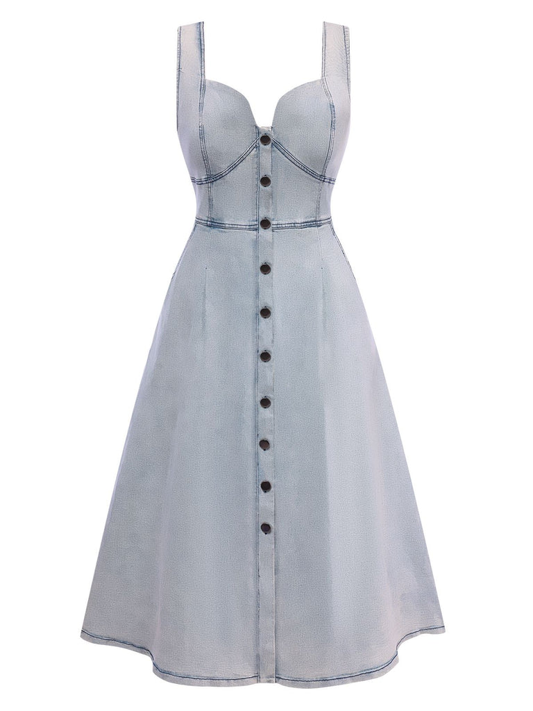 Blue 1940s Denim Buttoned Suspender Dress