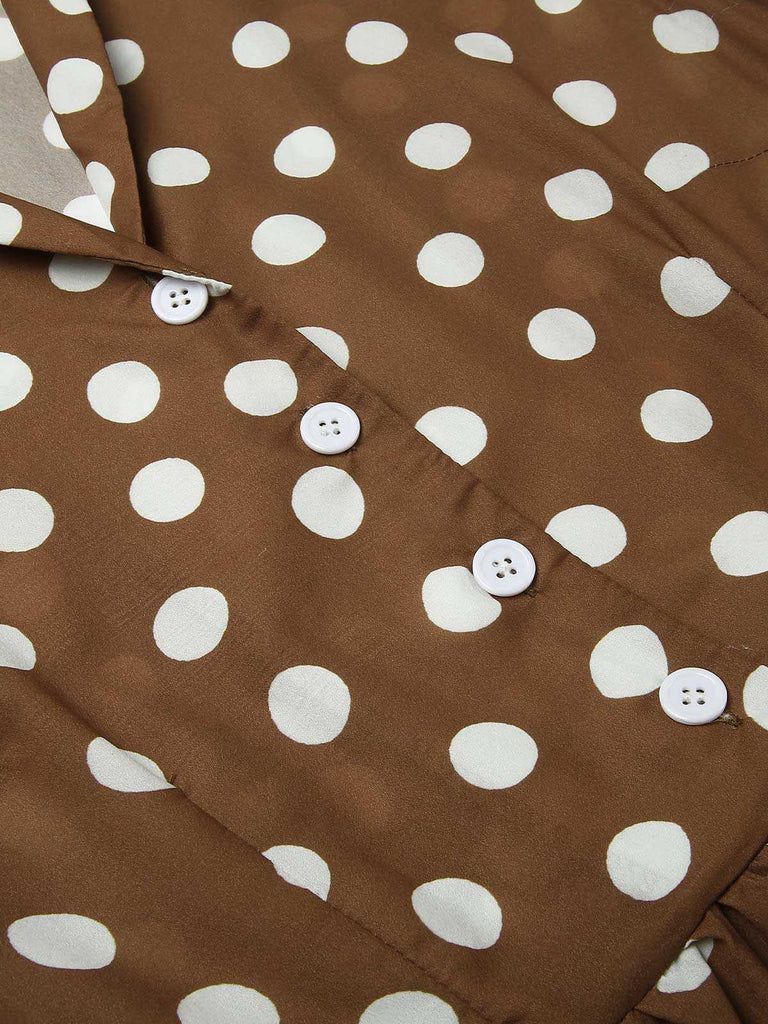 [Pre-Sale] Brown 1940s Lapel Buttons Pocketed Polka Dots Dress