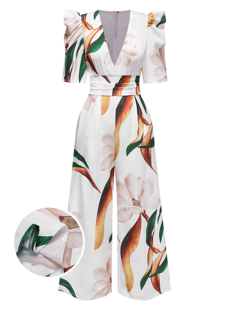 Multicolor 1930s V-Neck Puff Magnolia Floral Jumpsuit