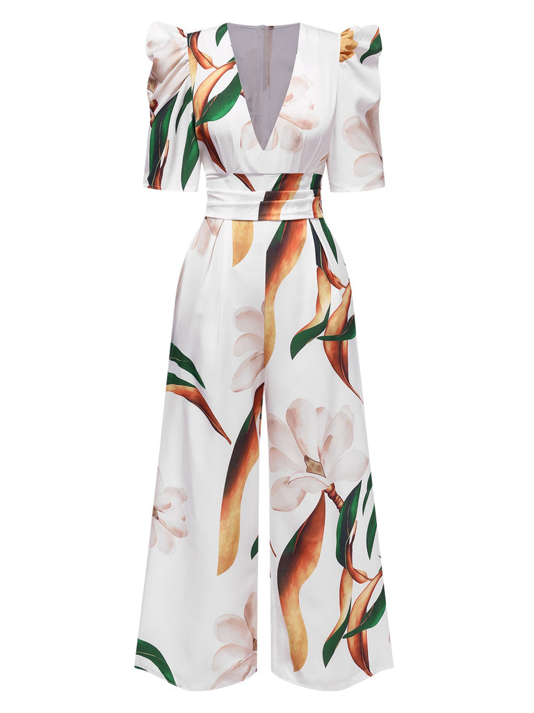 Multicolor 1930s V-Neck Puff Magnolia Floral Jumpsuit