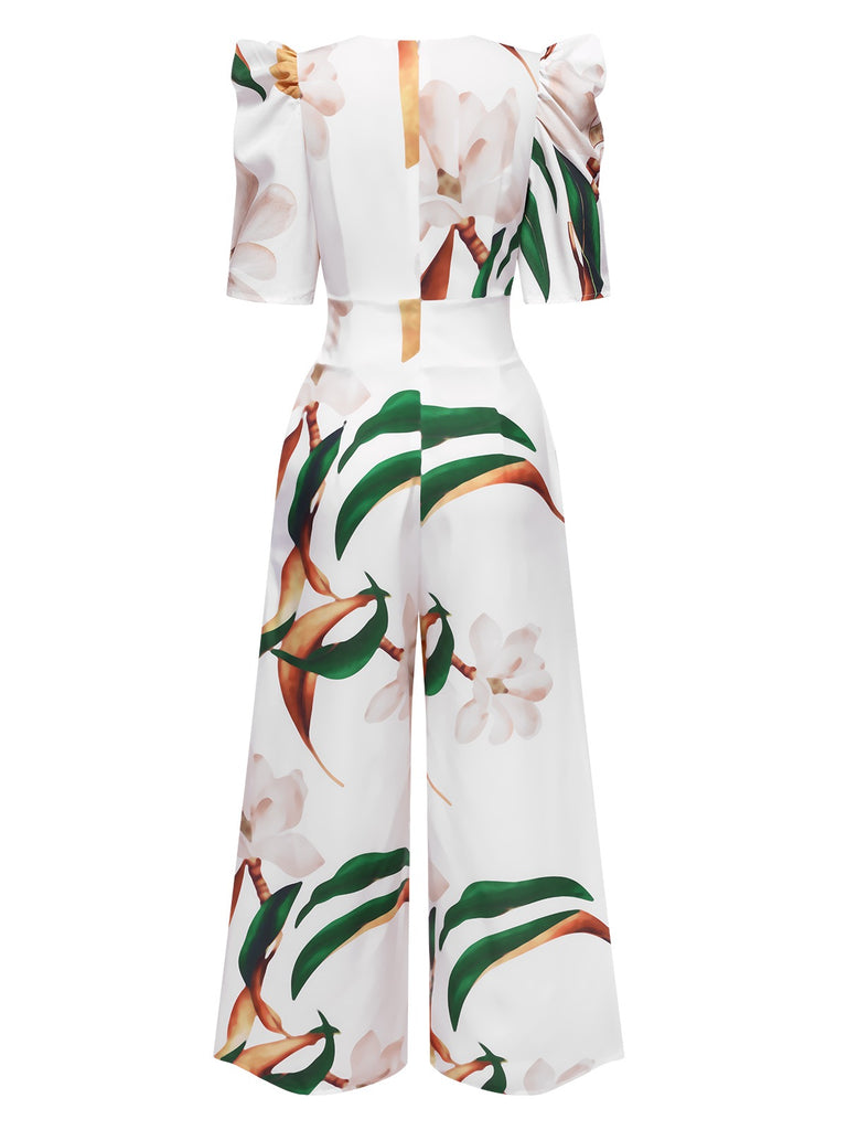 Multicolor 1930s V-Neck Puff Magnolia Floral Jumpsuit