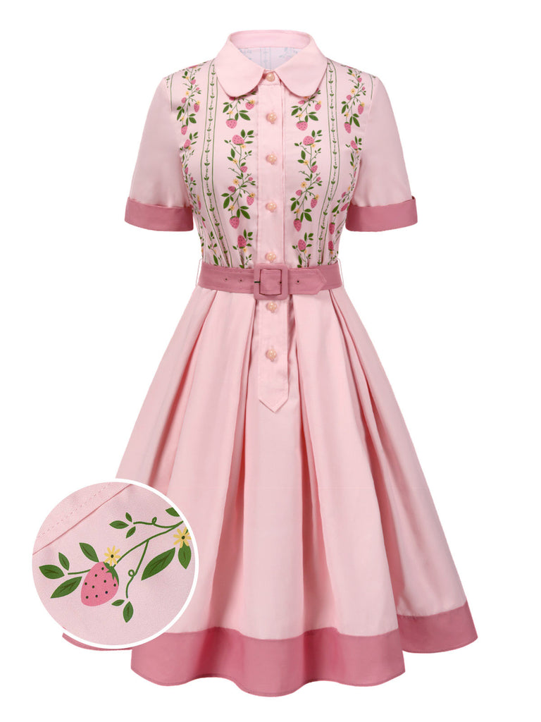 [Pre-Sale] Pink 1940s Pure Cotton Strawberry Belted Dress