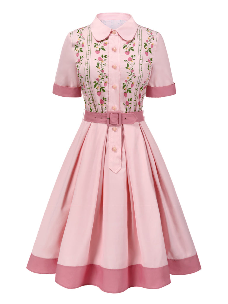 [Pre-Sale] Pink 1940s Pure Cotton Strawberry Belted Dress