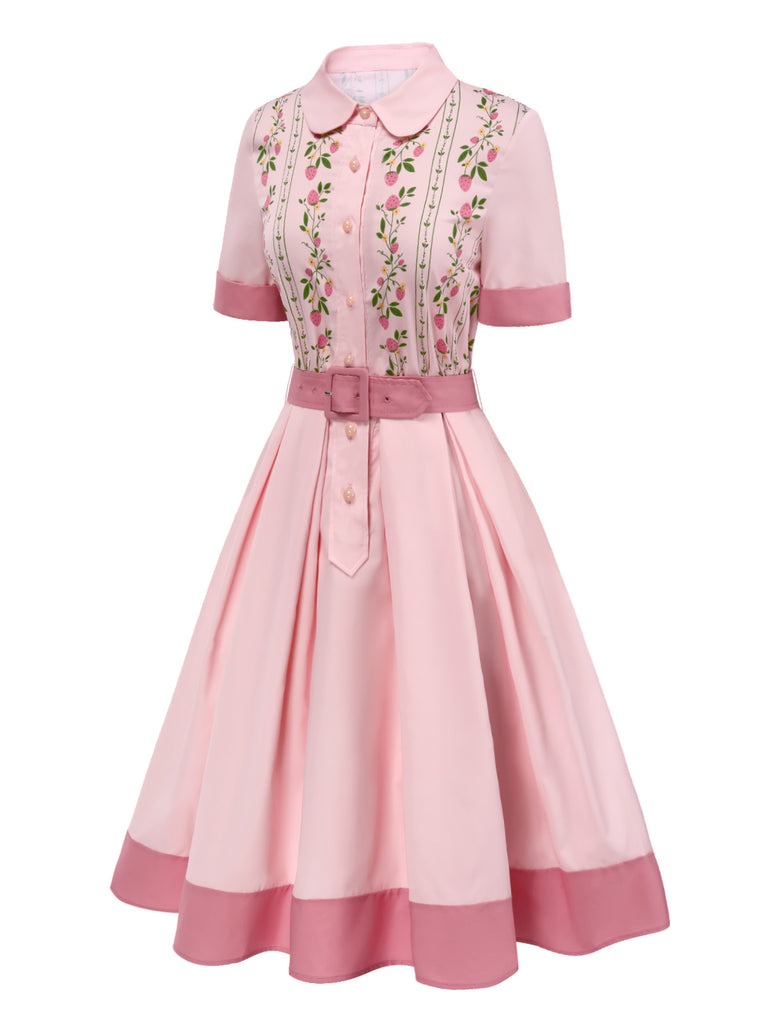 [Pre-Sale] Pink 1940s Pure Cotton Strawberry Belted Dress