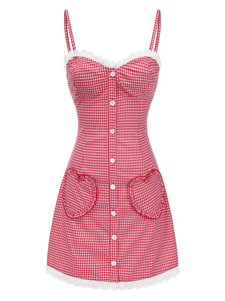 [Pre-Sale] Red 1970s Strap Plaids Heart Pocket Ruffle Dress