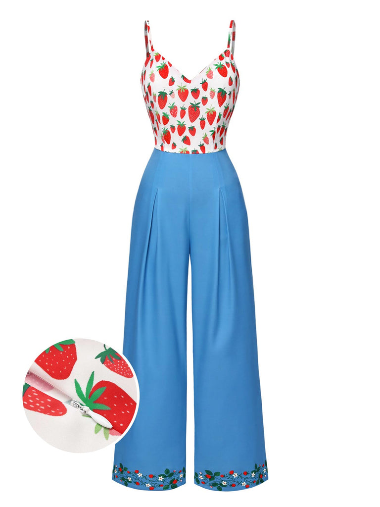 [Pre-Sale] 1970s Spaghetti Strap Strawberry Floral Embroidered Jumpsuit