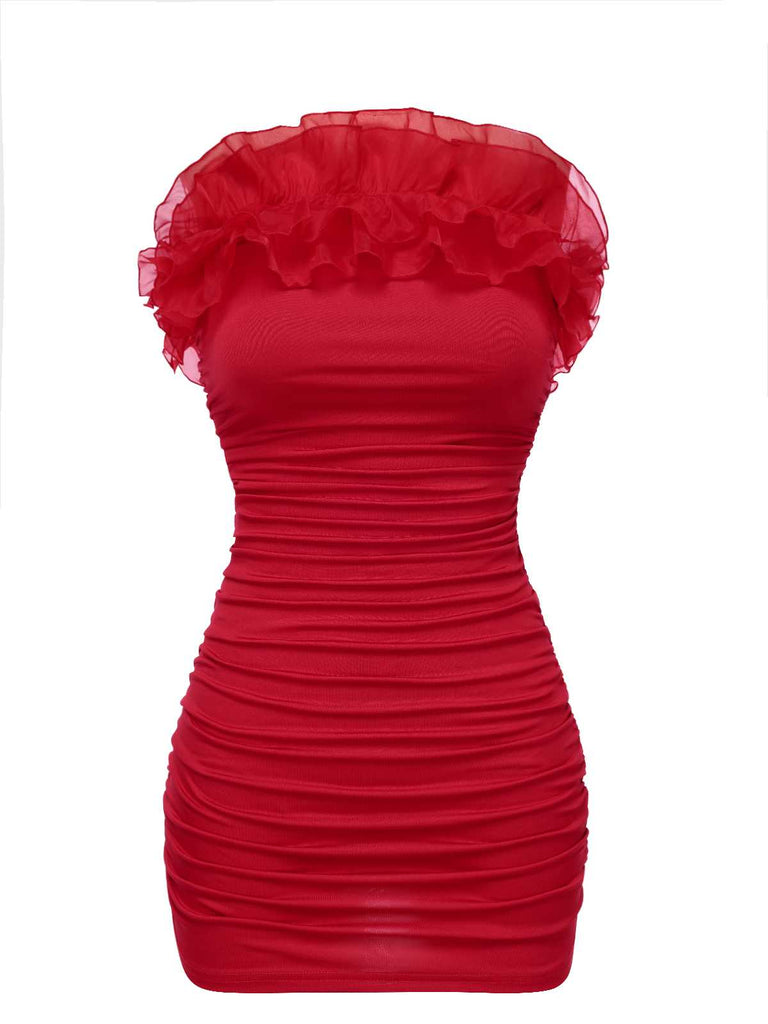 Red 1960s Strapless Ruffles Bodycon Dress