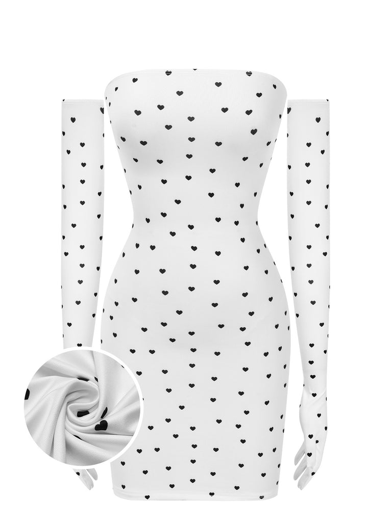 White 1970s Heart Dots Bandeau Dress With Gloves