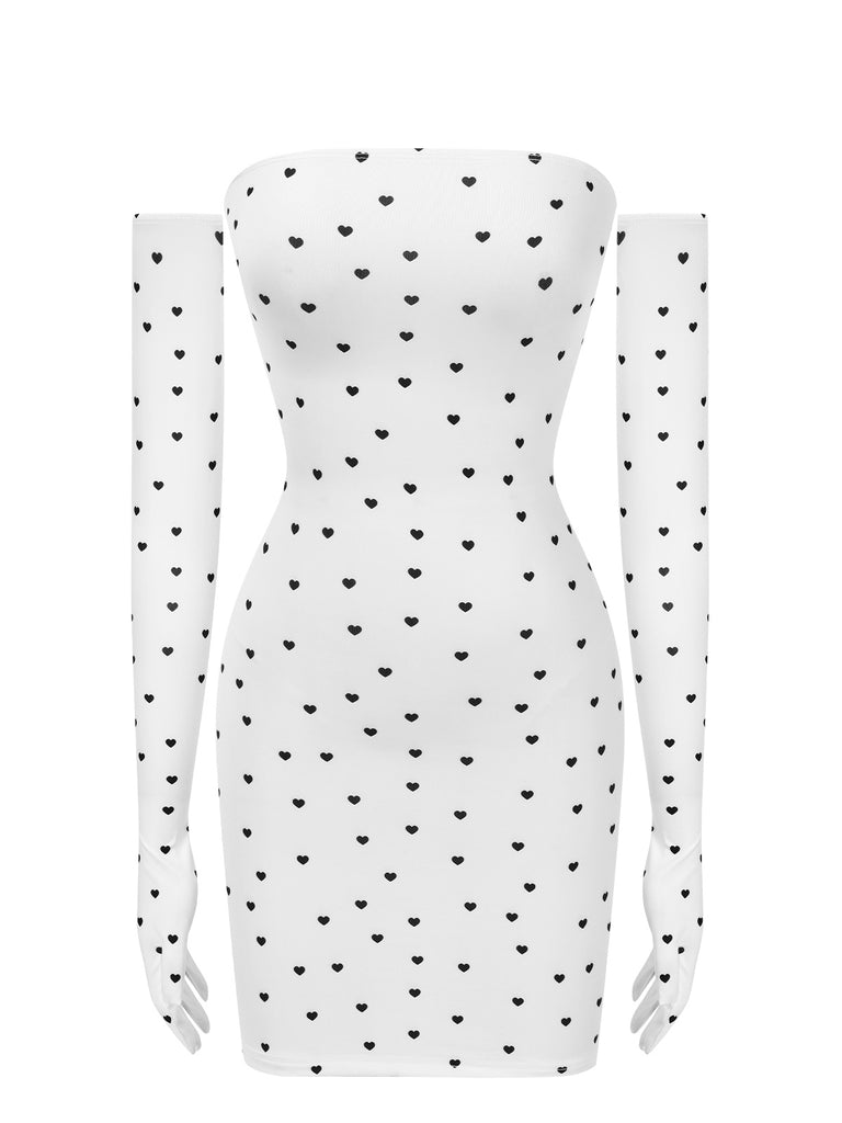 White 1970s Heart Dots Bandeau Dress With Gloves