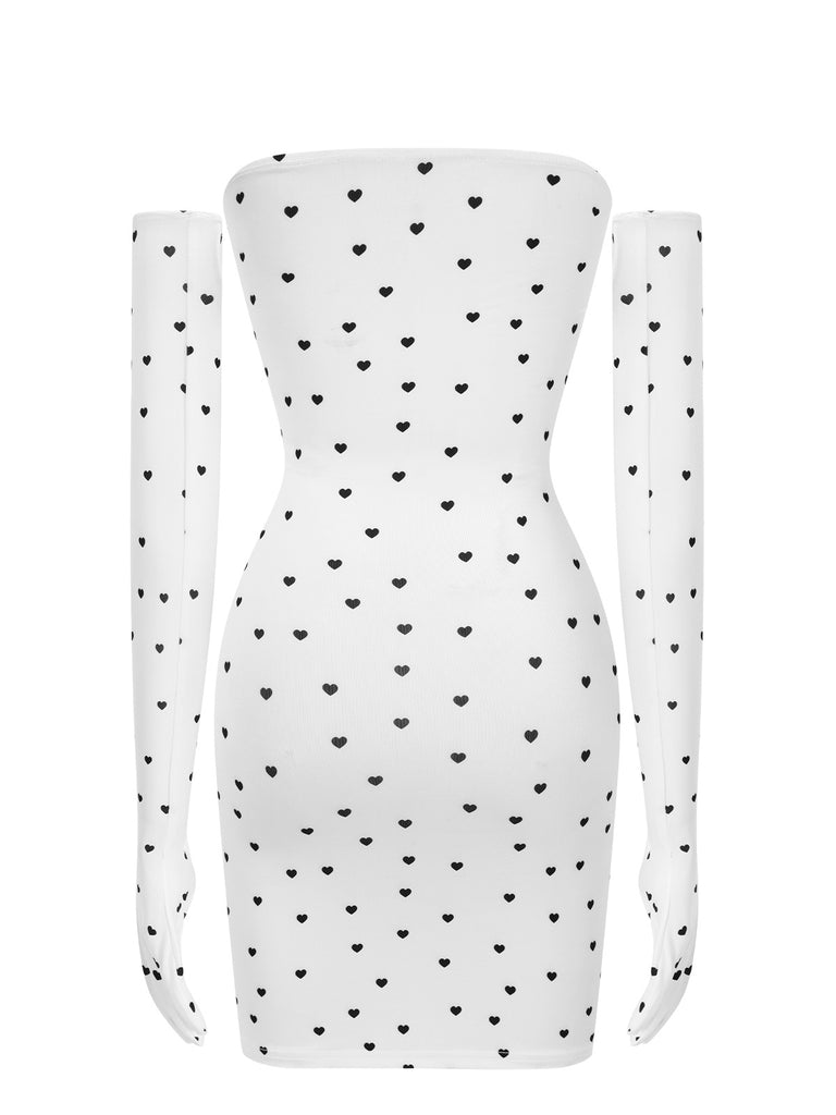 White 1970s Heart Dots Bandeau Dress With Gloves