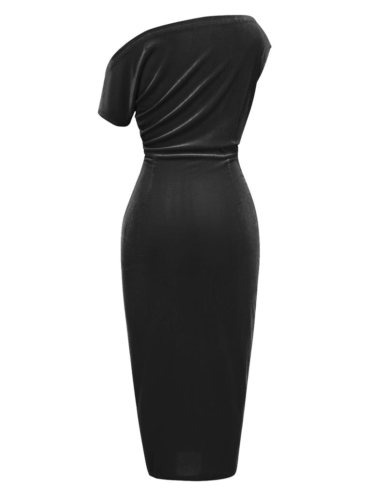 1960s Solid Oblique Neck Corduroy Pencil Dress