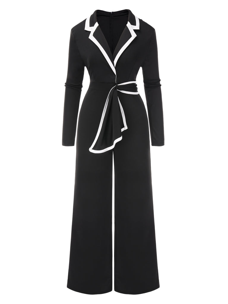 Black 1970s Lapel Color Block Belted Jumpsuit