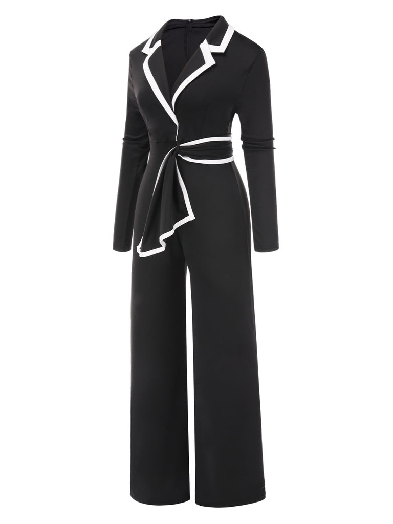 Black 1970s Lapel Color Block Belted Jumpsuit