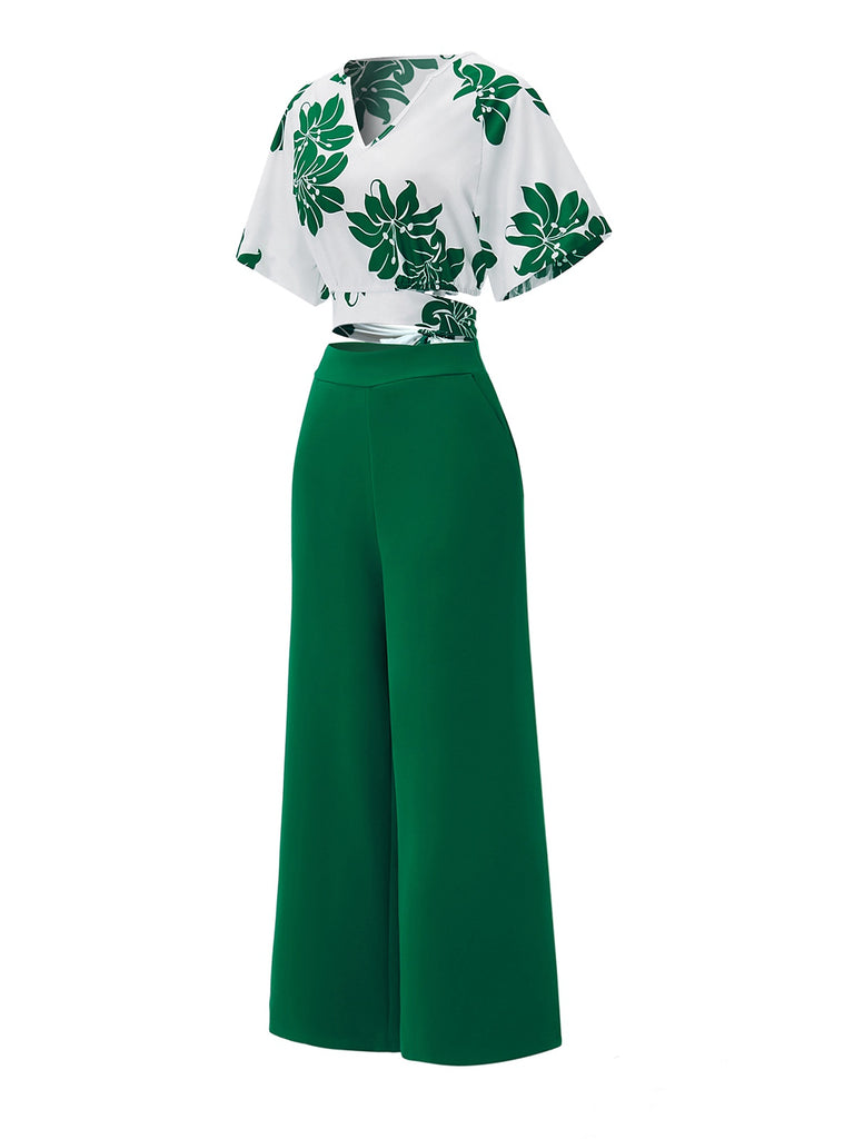 2PCS Green 1950s Floral Crop Top & High Waist Pants