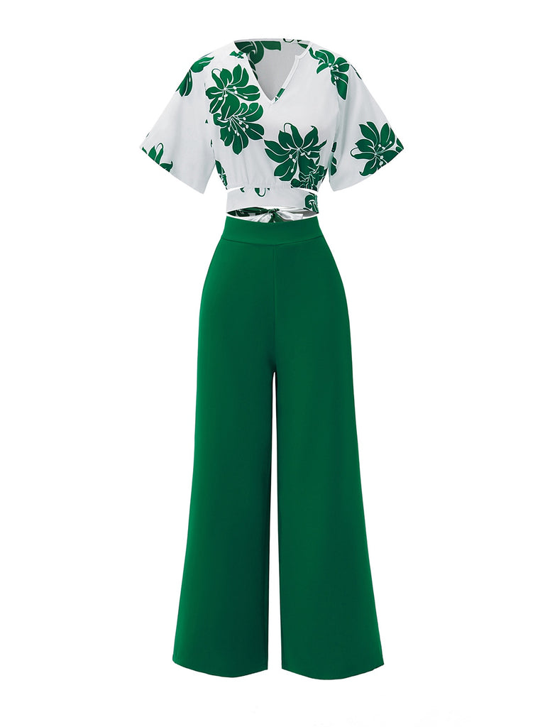 2PCS Green 1950s Floral Crop Top & High Waist Pants