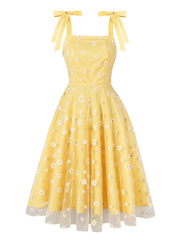 Yellow 1950s Daisy Embroidered Mesh Dress