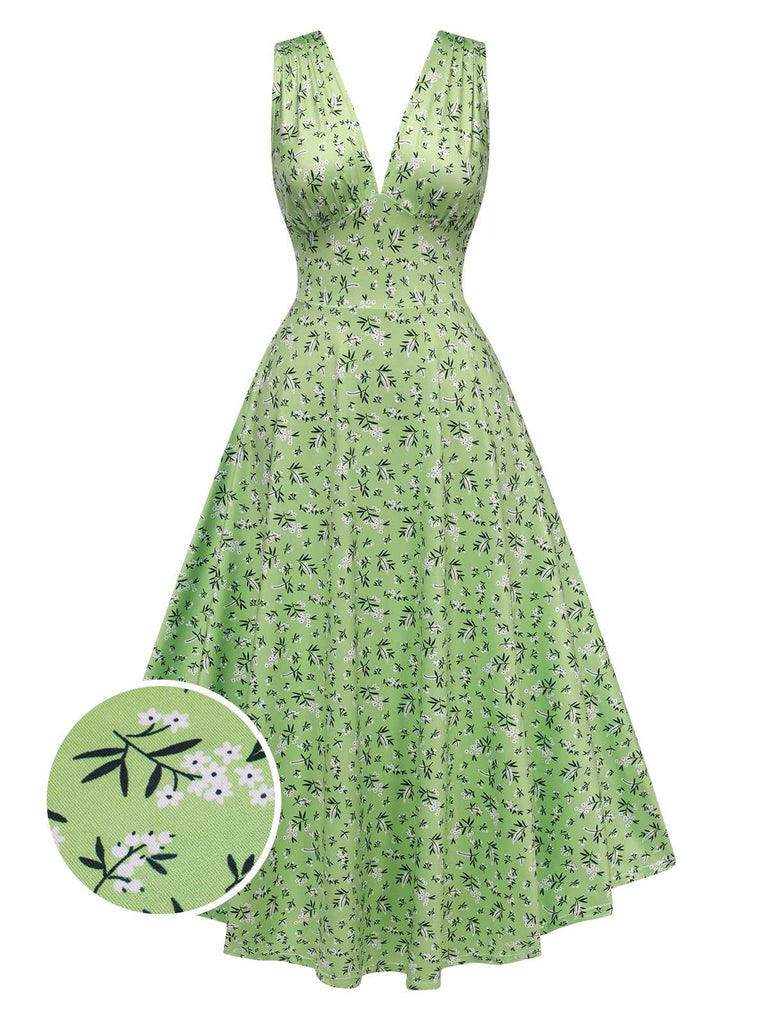 Green 1940s V-Neck Ditsy Floral Dress