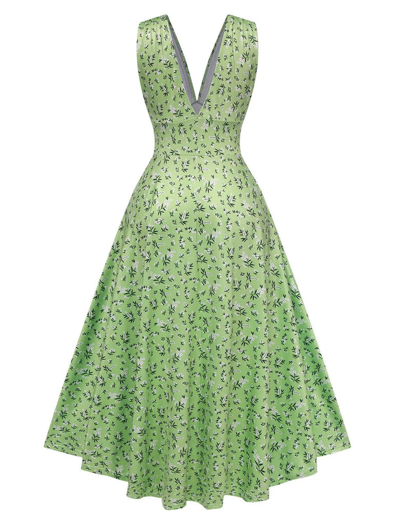 Green 1940s V-Neck Ditsy Floral Dress