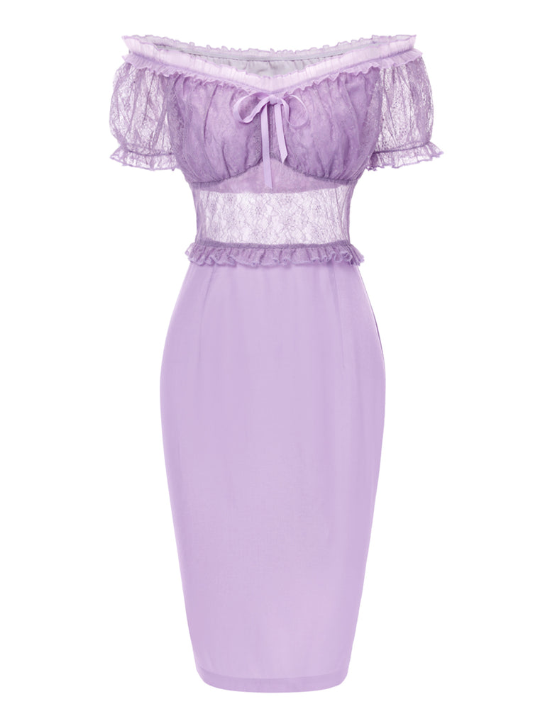 [Pre-Sale] Lavender 1960s Mesh Ruffled Off-Shoulder Dress