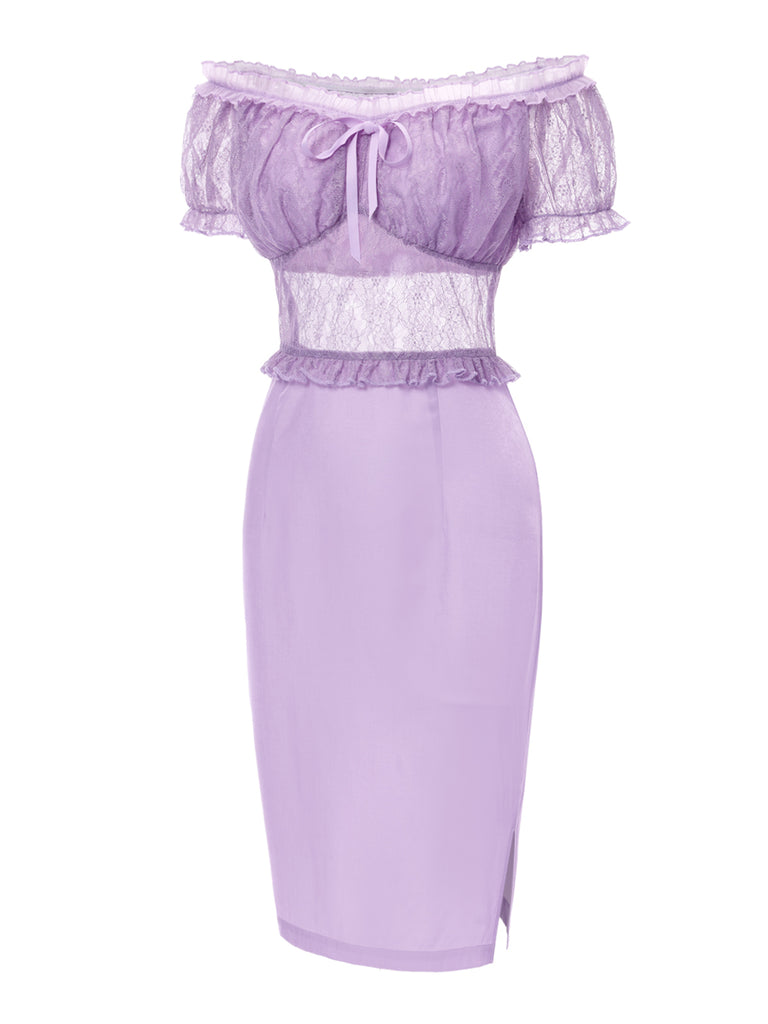 [Pre-Sale] Lavender 1960s Mesh Ruffled Off-Shoulder Dress