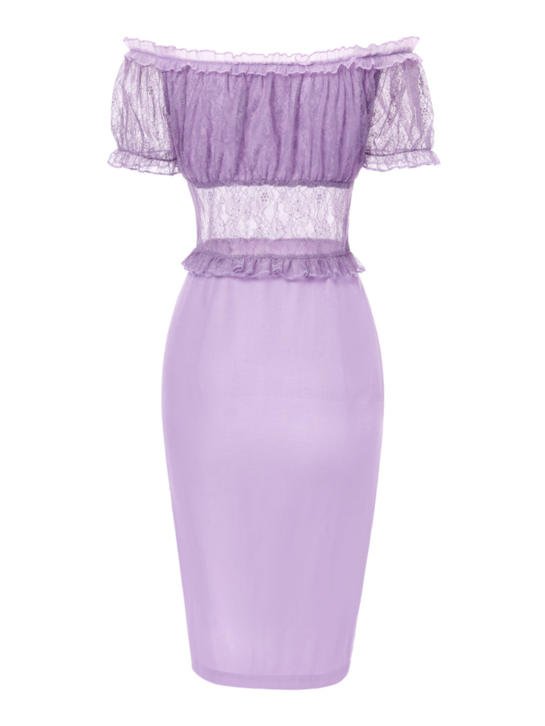 [Pre-Sale] Lavender 1960s Mesh Ruffled Off-Shoulder Dress