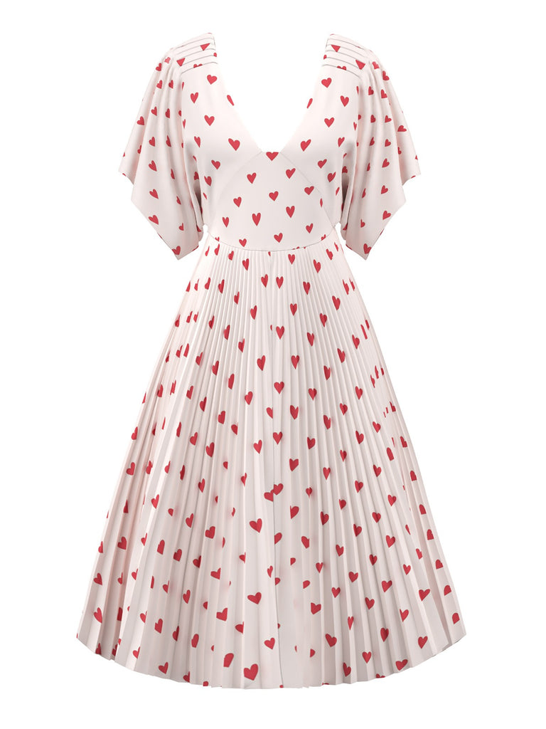 [Pre-Sale] Pale Pink 1940s Hearts V-Neck Pleated Dress