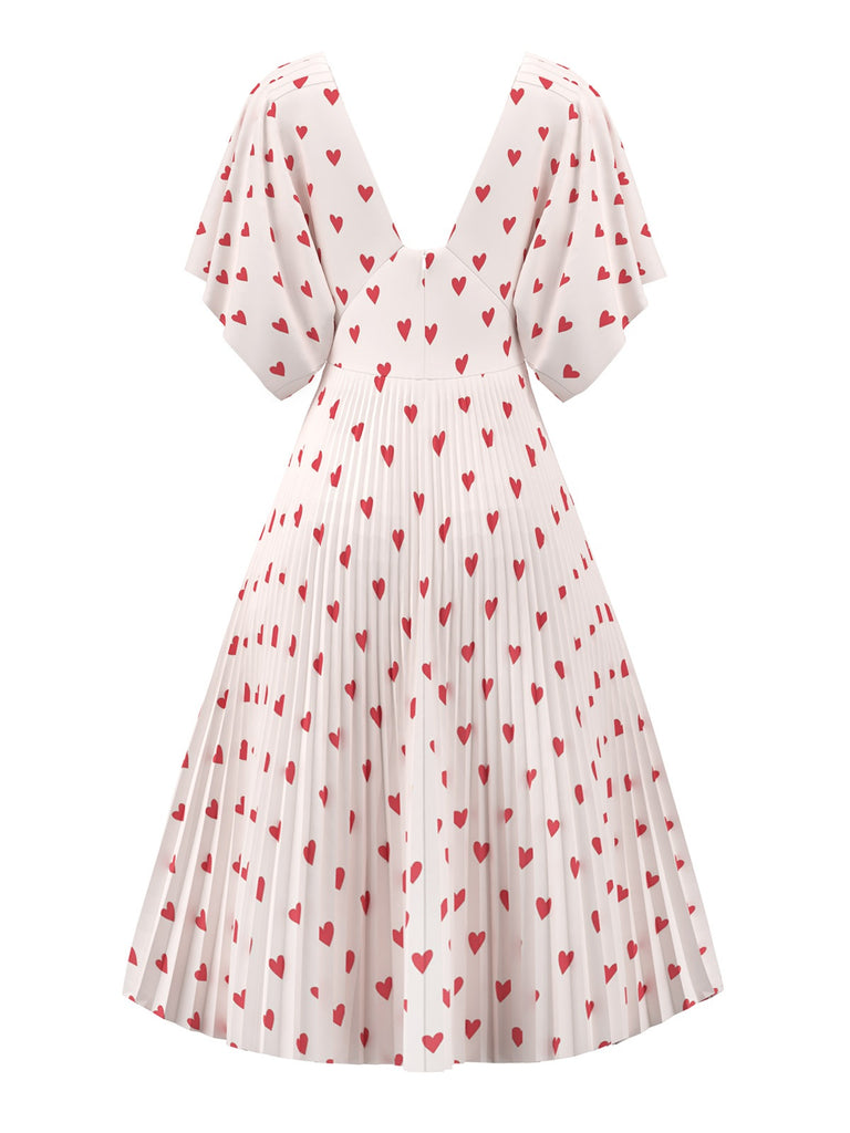 [Pre-Sale] Pale Pink 1940s Hearts V-Neck Pleated Dress