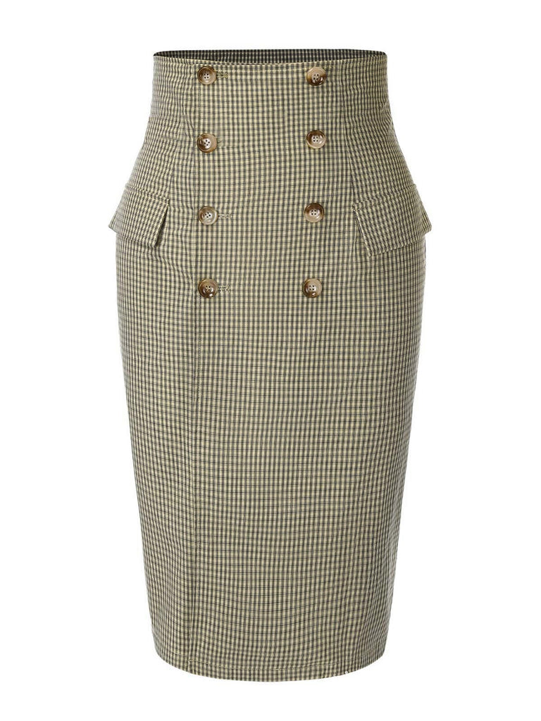 [Pre-Sale] Khaki 1960s Gingham Plaid Button Skirt