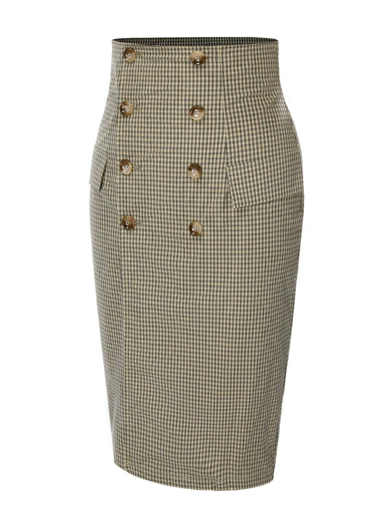 [Pre-Sale] Khaki 1960s Gingham Plaid Button Skirt