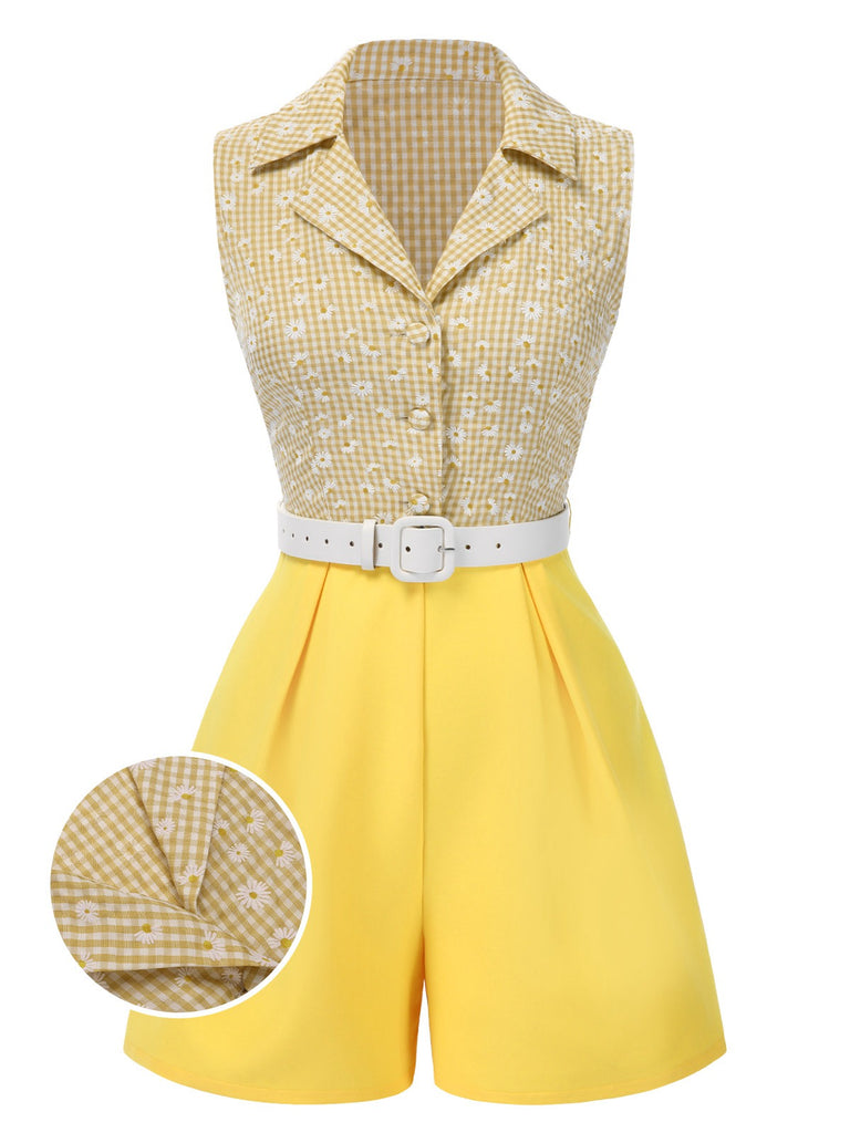 [Pre-Sale] Yellow 1940s Daisy Plaids Belted Lapel Romper