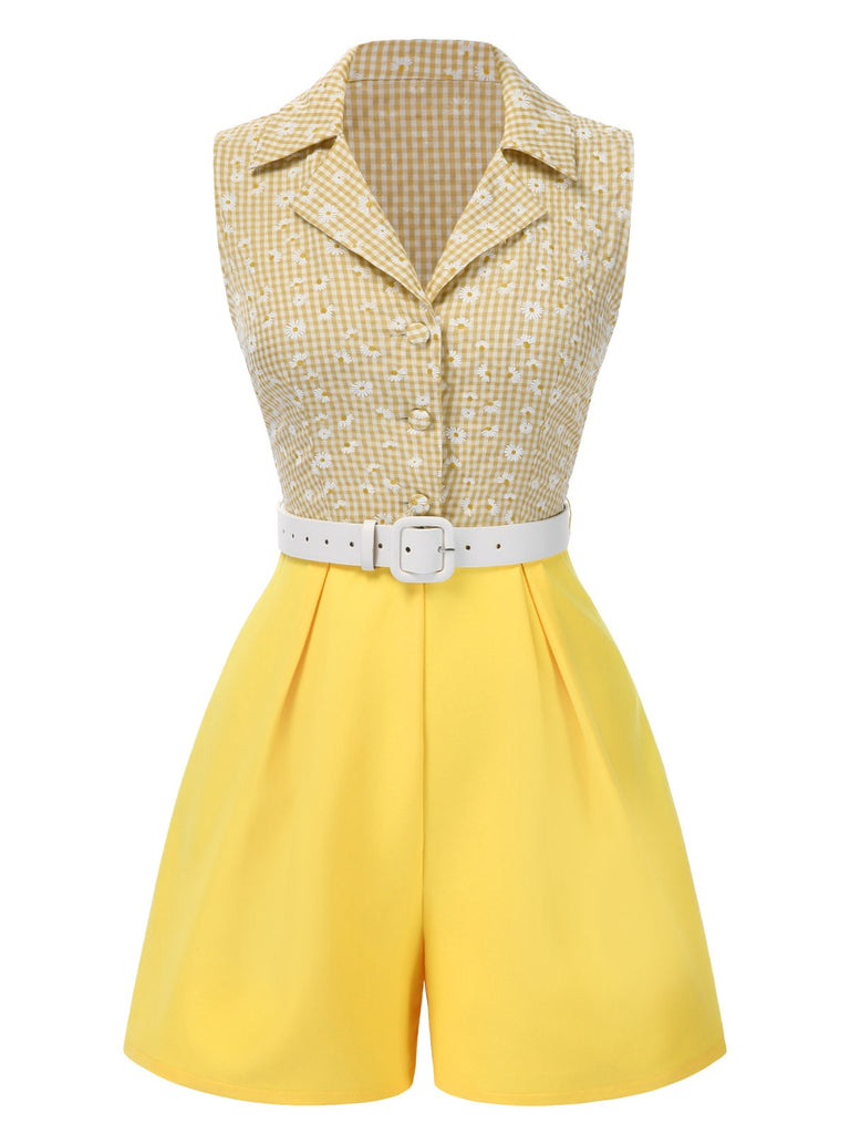 [Pre-Sale] Yellow 1940s Daisy Plaids Belted Lapel Romper