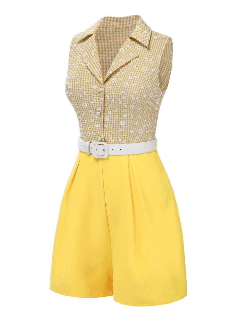 [Pre-Sale] Yellow 1940s Daisy Plaids Belted Lapel Romper