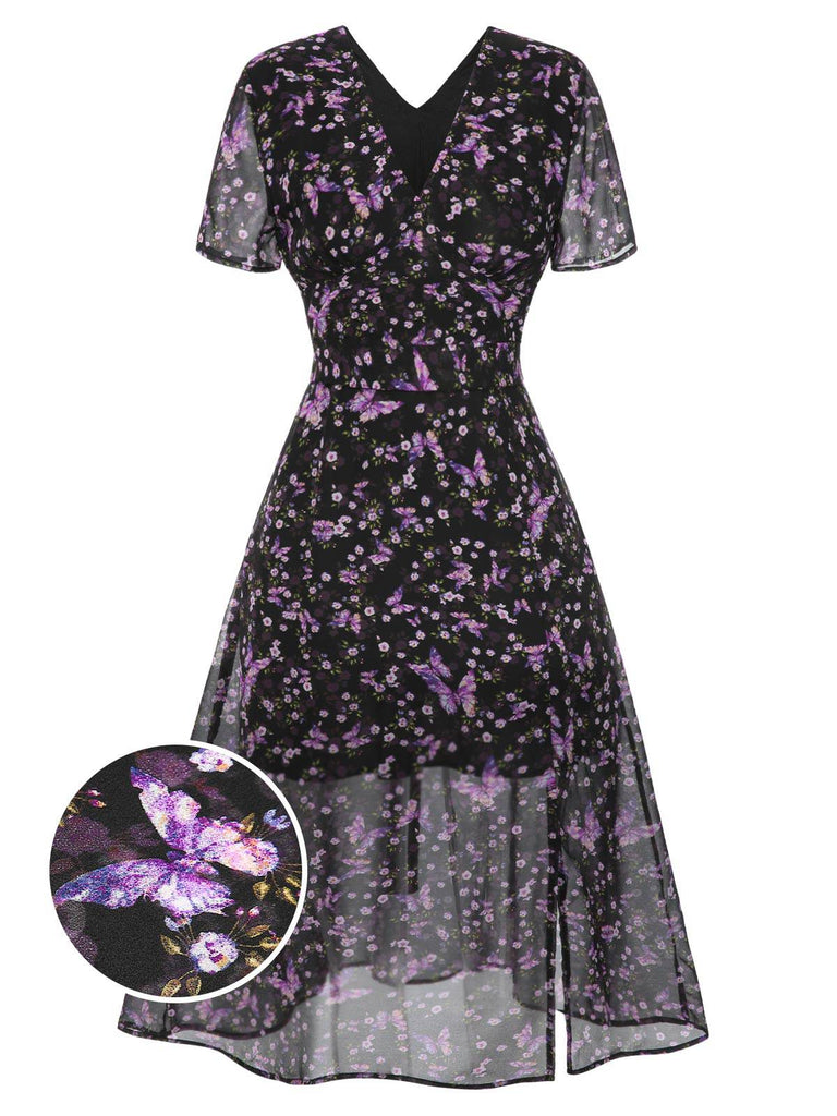 [Pre-Sale] Purple 1940s Butterfly Floral Chiffon Dress