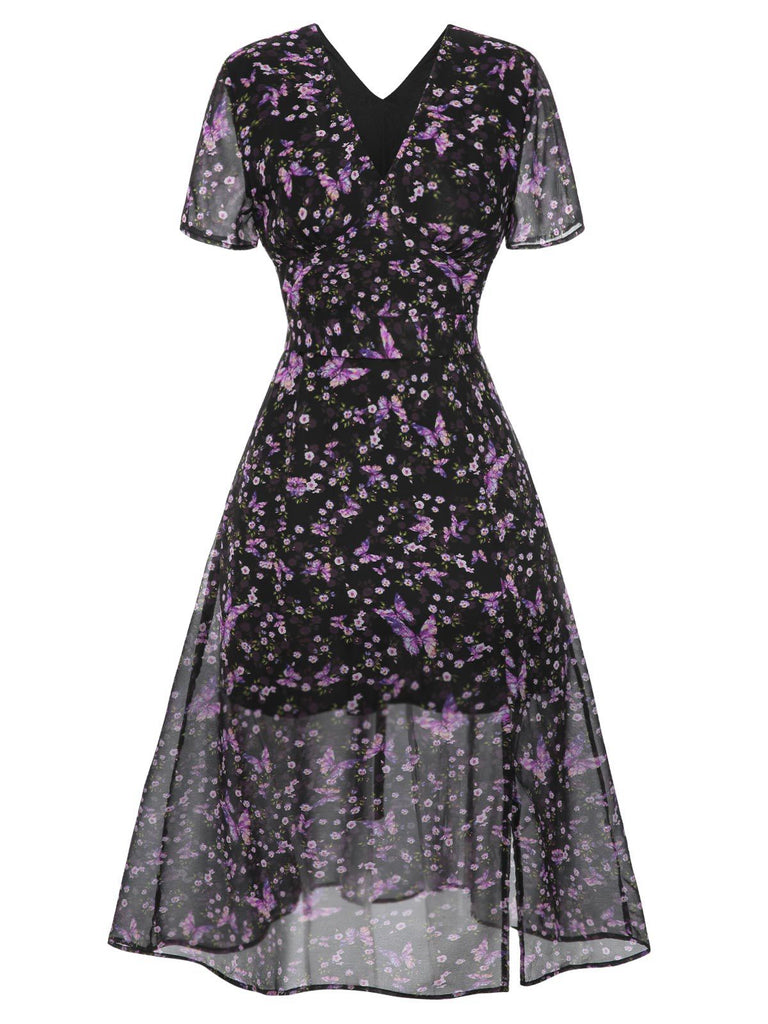 [Pre-Sale] Purple 1940s Butterfly Floral Chiffon Dress