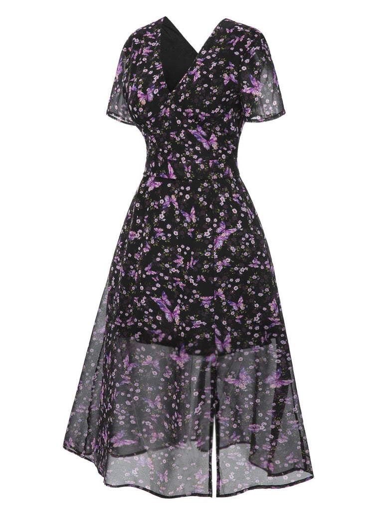 [Pre-Sale] Purple 1940s Butterfly Floral Chiffon Dress