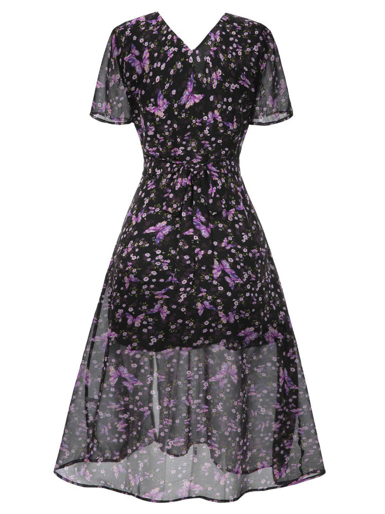 [Pre-Sale] Purple 1940s Butterfly Floral Chiffon Dress