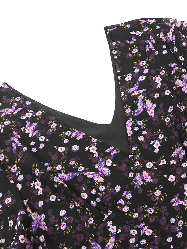 [Pre-Sale] Purple 1940s Butterfly Floral Chiffon Dress