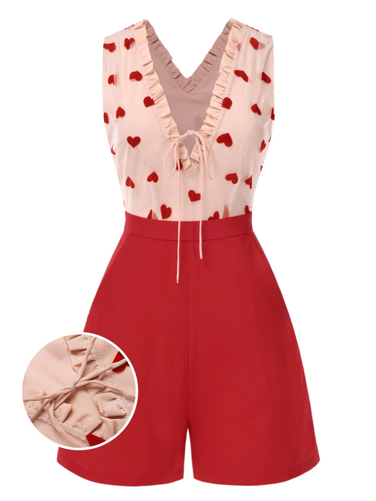 [Pre-Sale] Red 1960s Heart Mesh Patchwork Lace-Up Romper