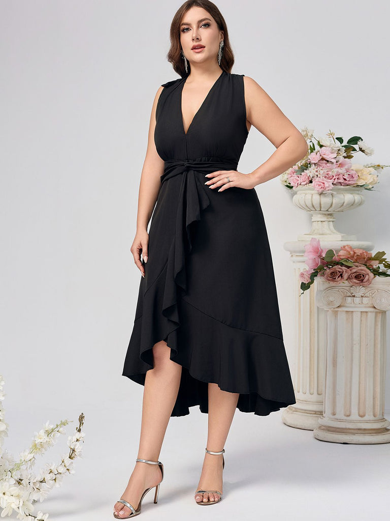 [Plus Size] Black 1950s V-Neck Ruffles Dress