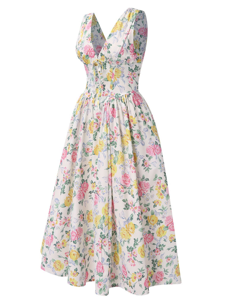 Multicolor 1950s Deep V-Neck Antique Floral Dress