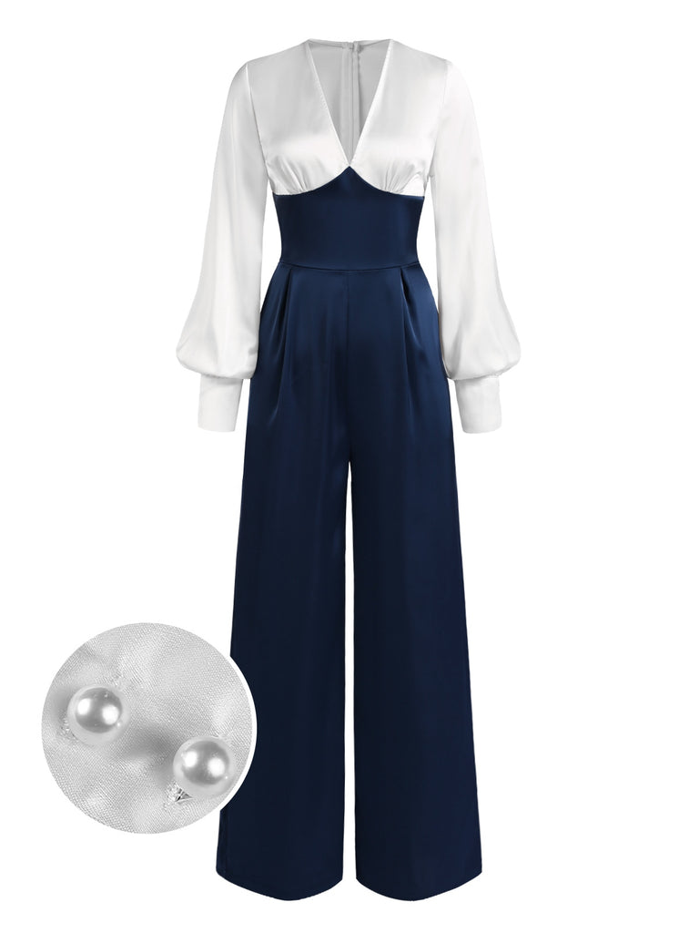 [Pre-Sale] Dark Blue 1930s Bishop Sleeves Satin Jumpsuit