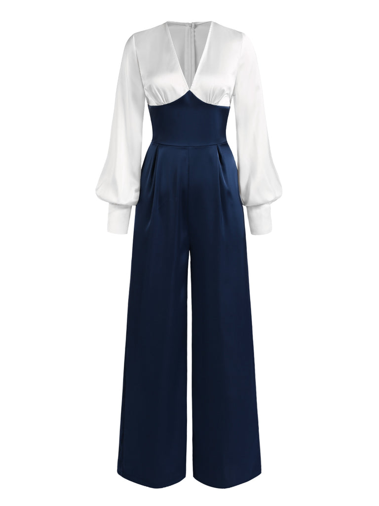 [Pre-Sale] Dark Blue 1930s Bishop Sleeves Satin Jumpsuit