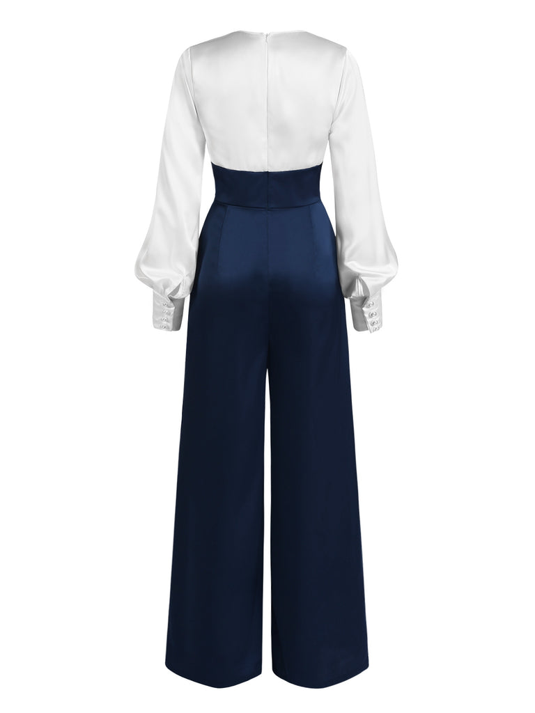 [Pre-Sale] Dark Blue 1930s Bishop Sleeves Satin Jumpsuit