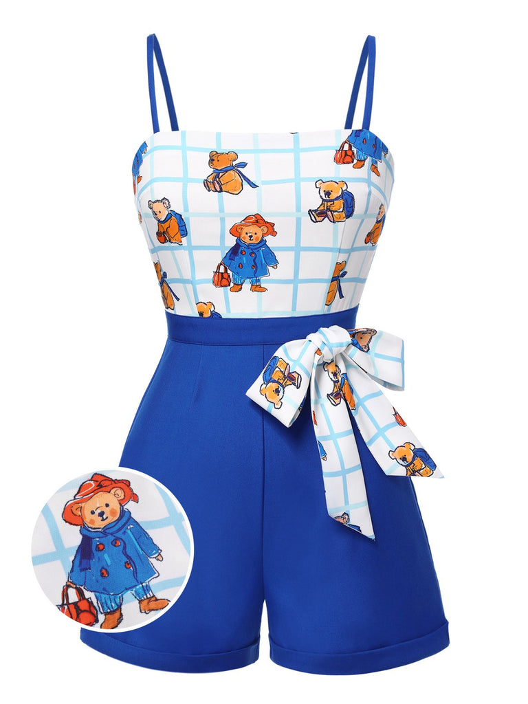 [Pre-Sale] Blue 1950s Cartoon Bear Patchwork Straps Romper