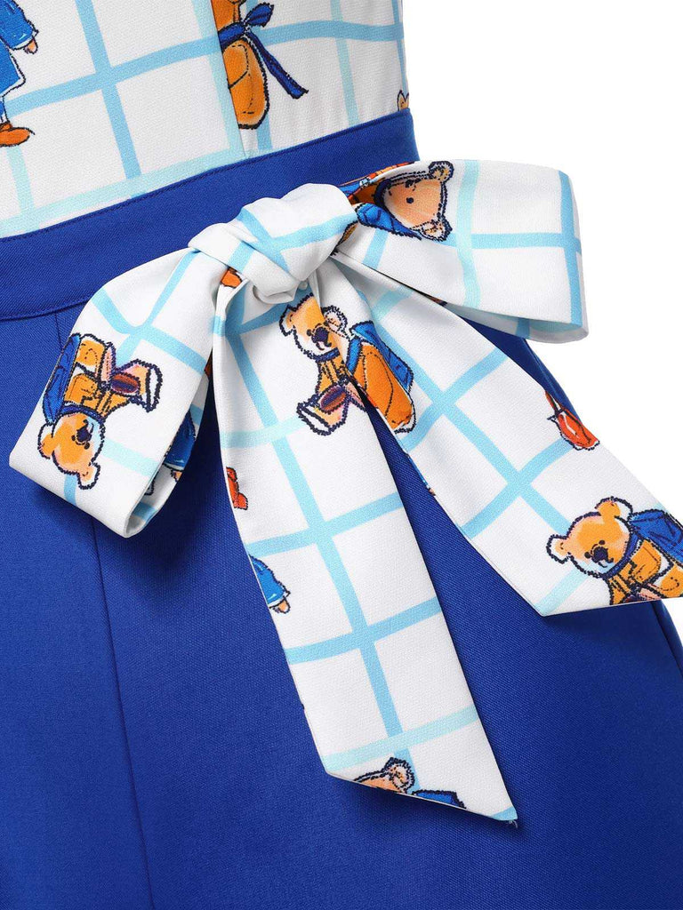 [Pre-Sale] Blue 1950s Cartoon Bear Patchwork Straps Romper